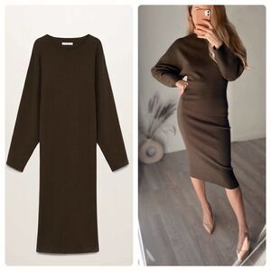 Mango Fine Knit Midi Sweater Dress Khaki New Long Sleeve